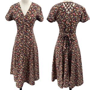 Vintage 80s Floral Fruit Print Midi Dress Fit & Flare Shirtdress Navy Pink 8